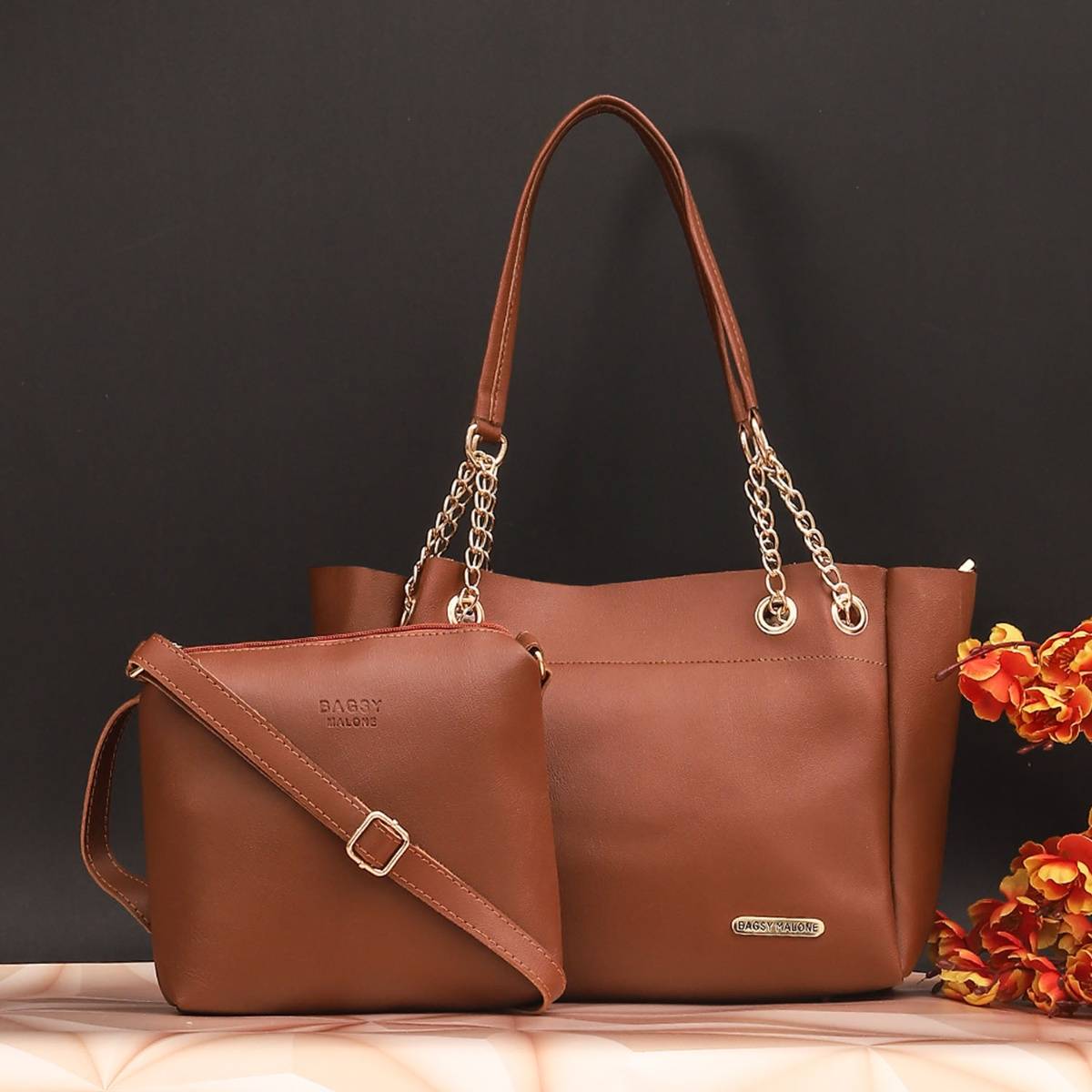 Bagsy Malone Womens Brown Vegan Leather Stylish Tote Bag (Set of 2)
