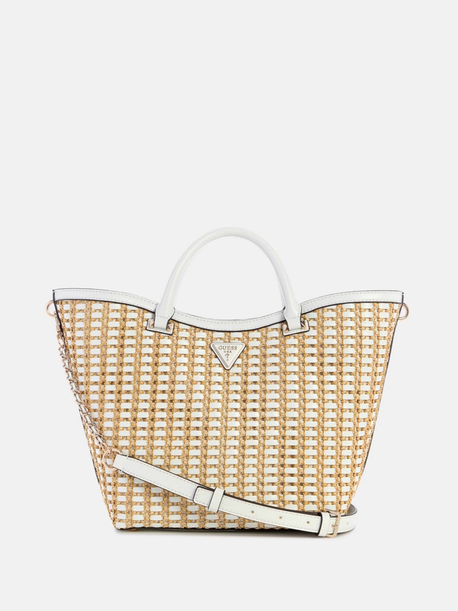 Guess Women White Natural Textured Tote Bag with Detachable Strap