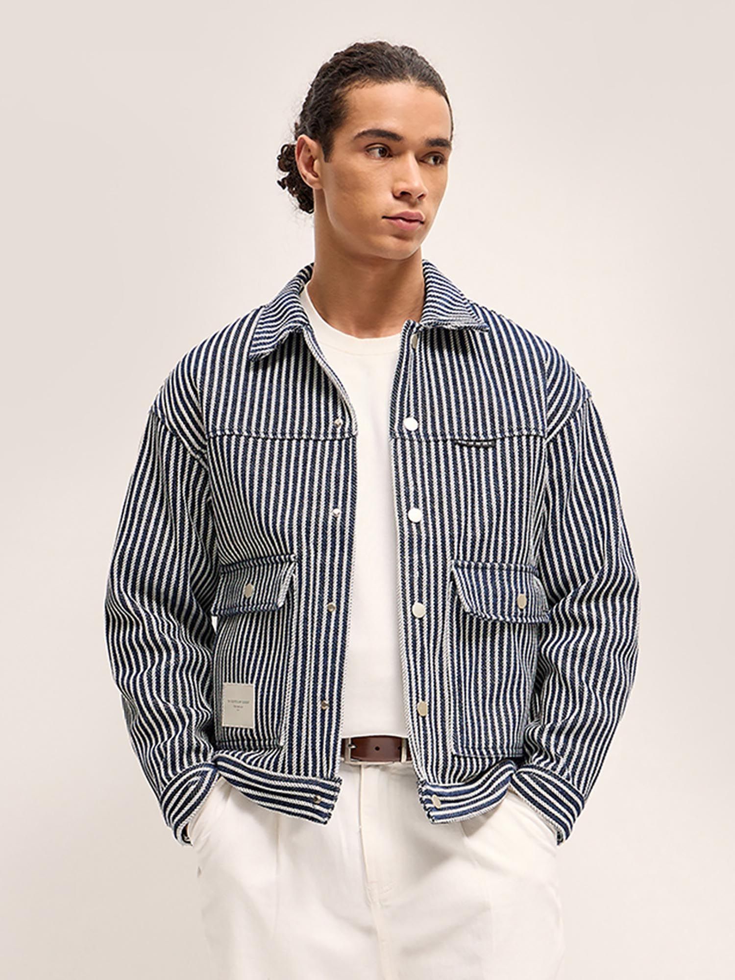 Buy THE BEAR HOUSE Classic Vertical Striped Blue Denim Jacket Online
