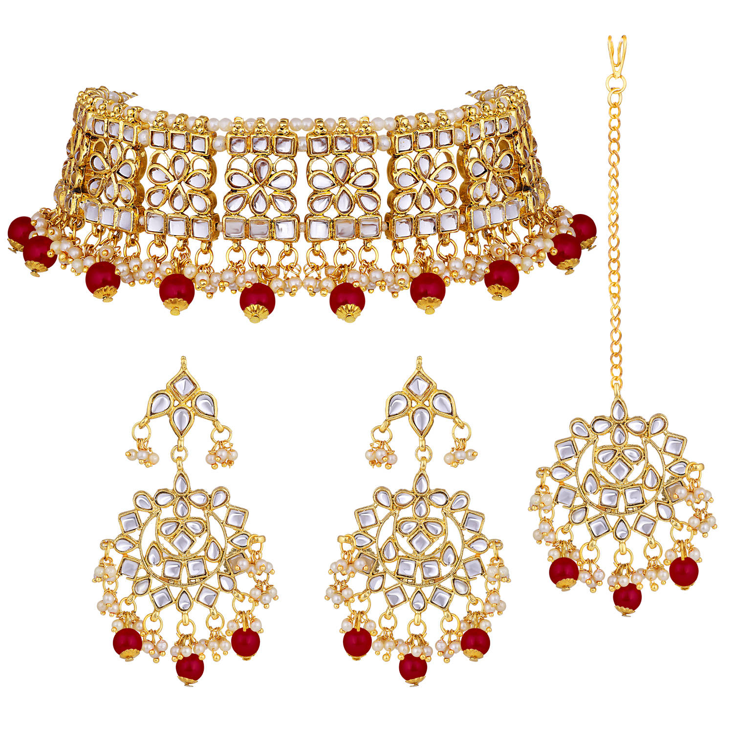 Peora Ethnic Traditional Jewellery Gold Plated Kundan Necklace Earring Mang Tikka Set (PF37N7069M)