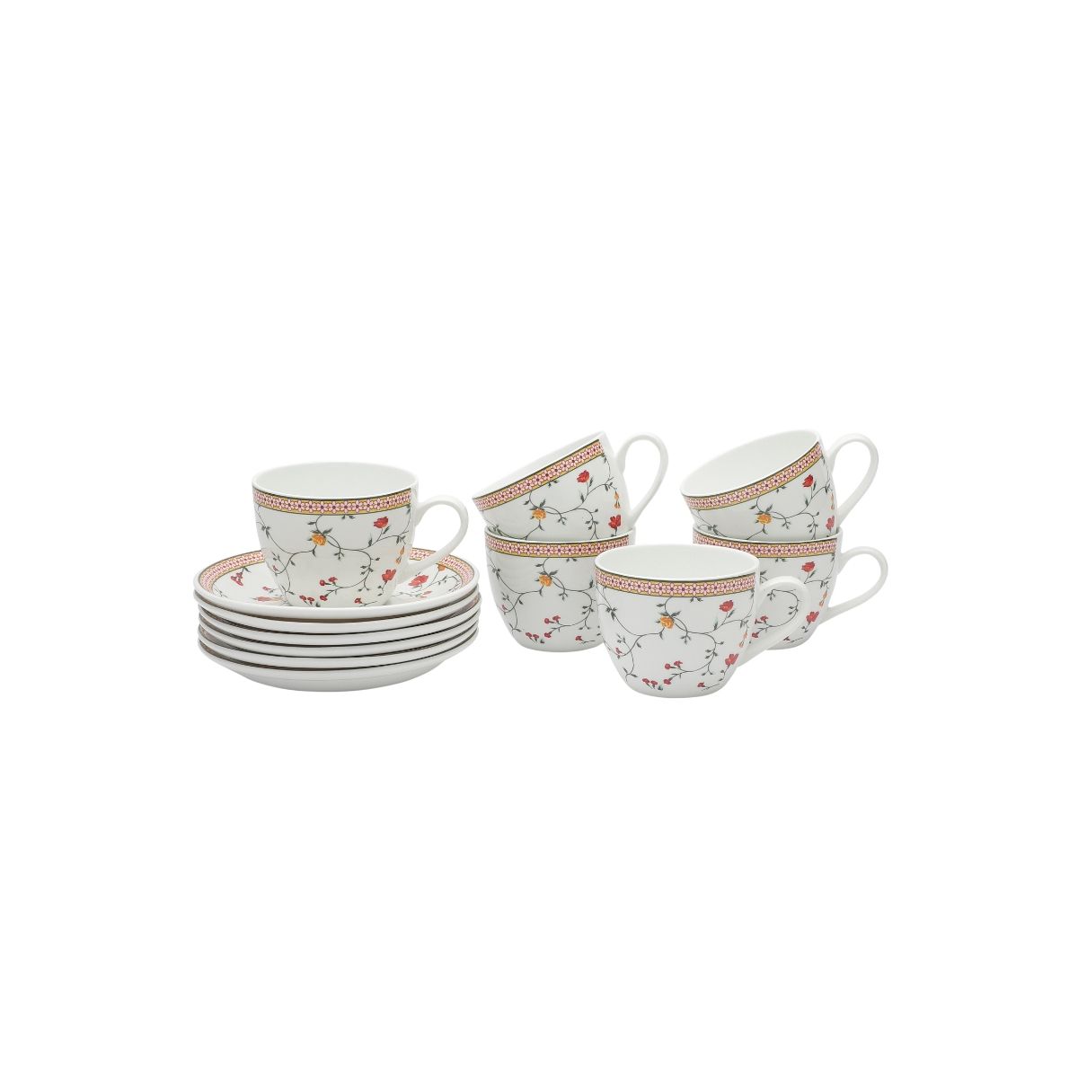 JCPL Fine Ceramic Floral Printed Gardenia Cup & Saucer Set Of 12(6 Cups, 6 Saucers) 180 Ml Each