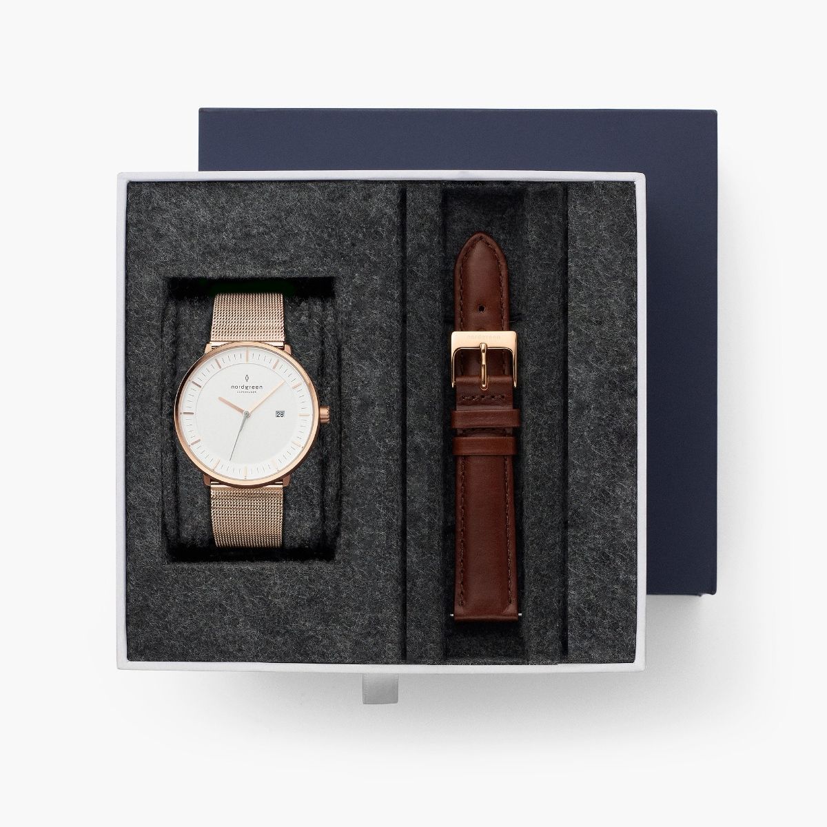 Nordgreen Philosopher Unisex Watch bundle, Rose Gold with Rose Gold Mesh and Brown Leather Strap.