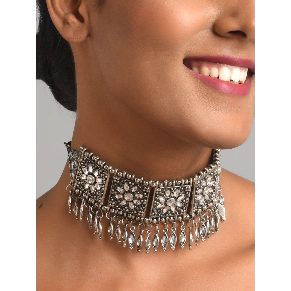 Oxidized Silver Beaded Tassel Work Traditional Choker Necklace and Earring  Set for Women and Girls at Rs 90/set, Necklace Sets in Ghaziabad