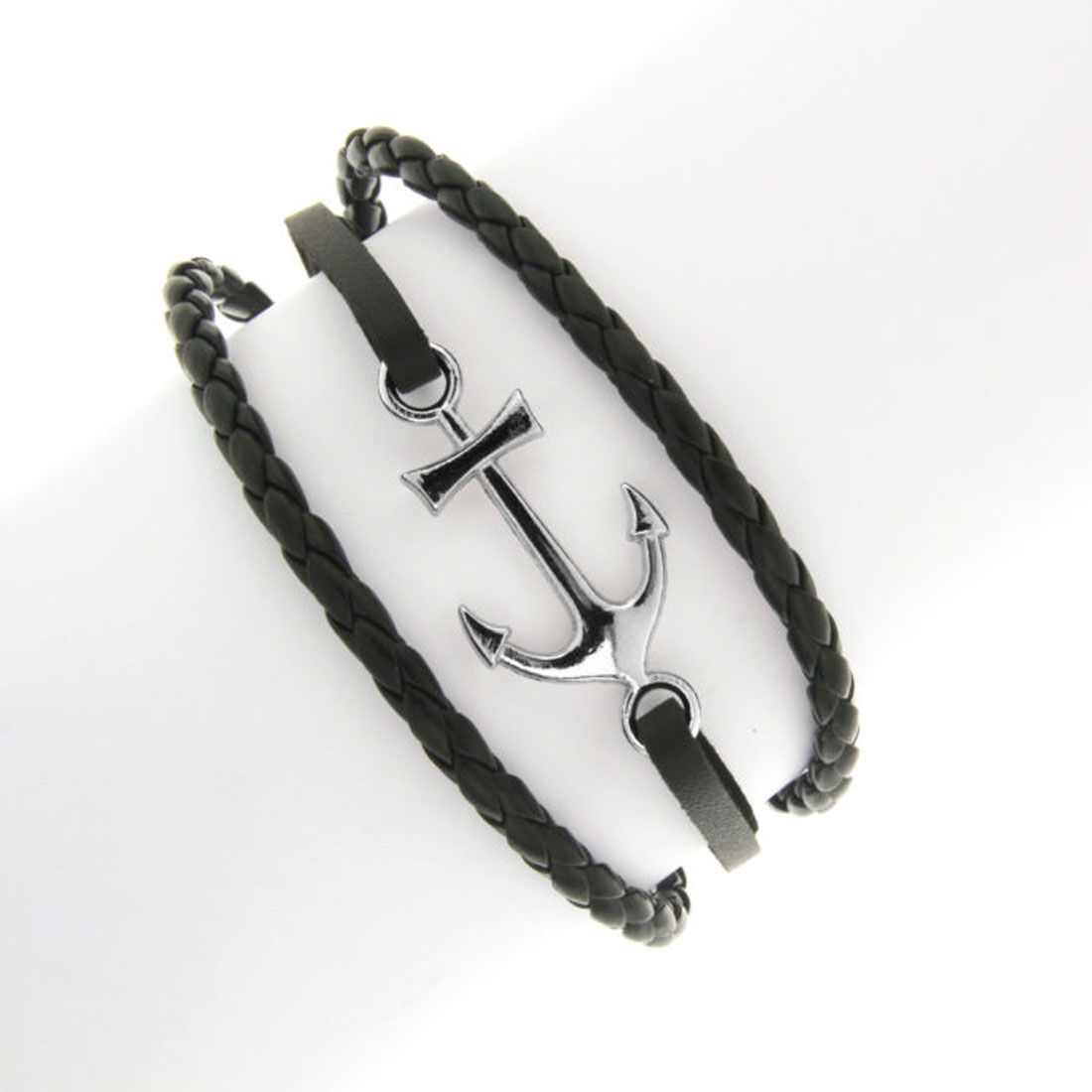 Mens Black Leather Stainless Steel Anchor Bracelet  BijouxStore   webid1888