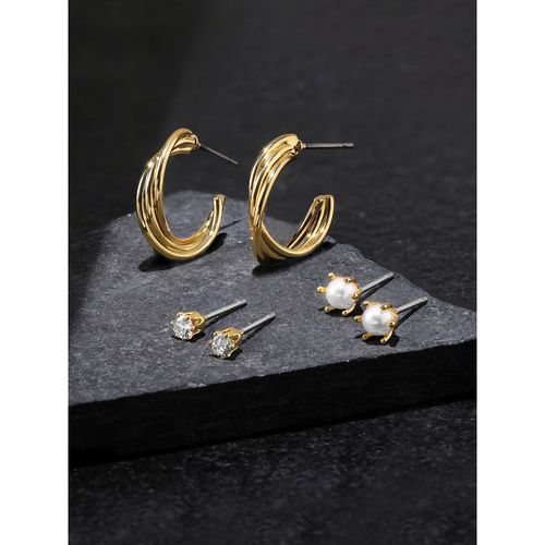 Accessorize London Women 14K Gold Plated Twisted Cubic Zirconia Stud and  Hoop Earrings Set Of