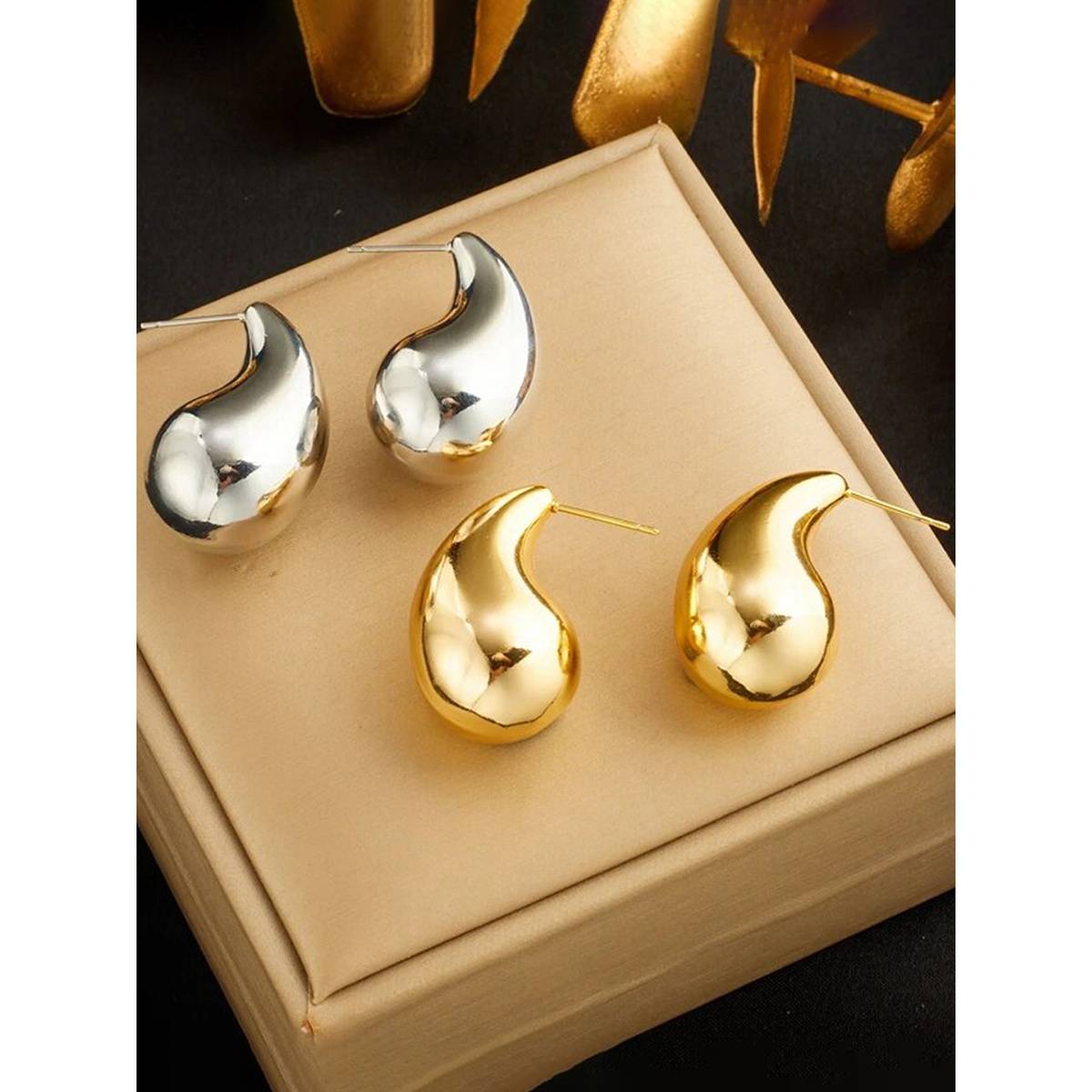 Jewels Galaxy 18K Gold & Silver Plated Glossy Chunky Dome Drop Earrings (Pack of 2)