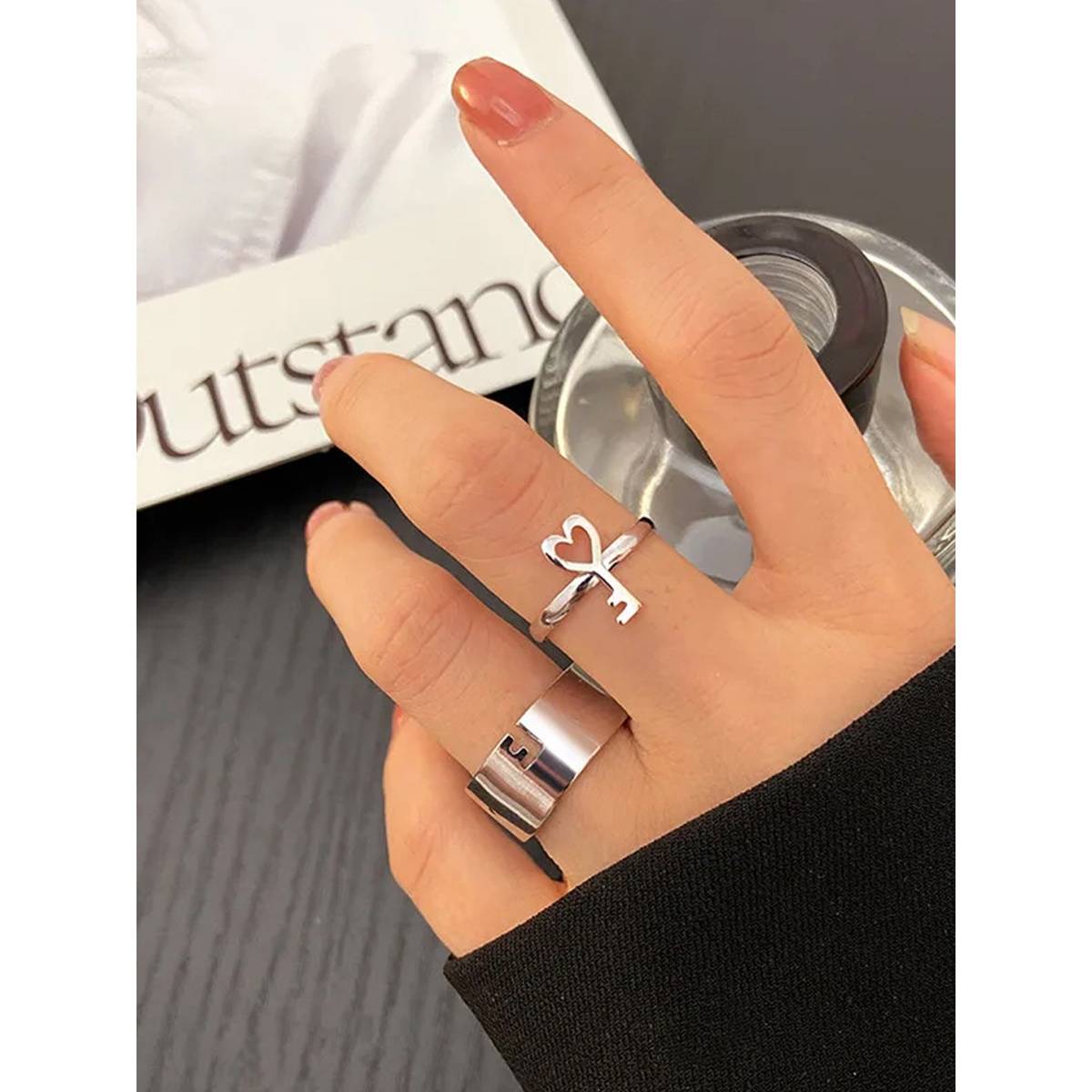 Jewels Galaxy Silver-Plated Key-Themed Rings (Pack of 2)