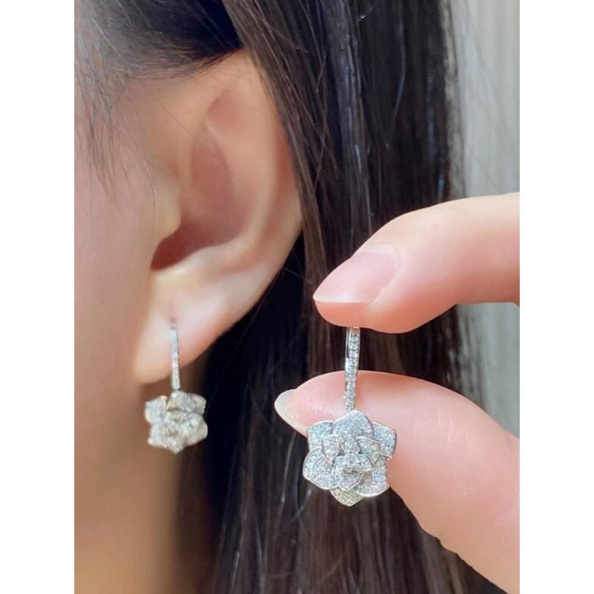 Jewels Galaxy Silver Plated American Diamond Studded Floral Rose themed Drop Earrings