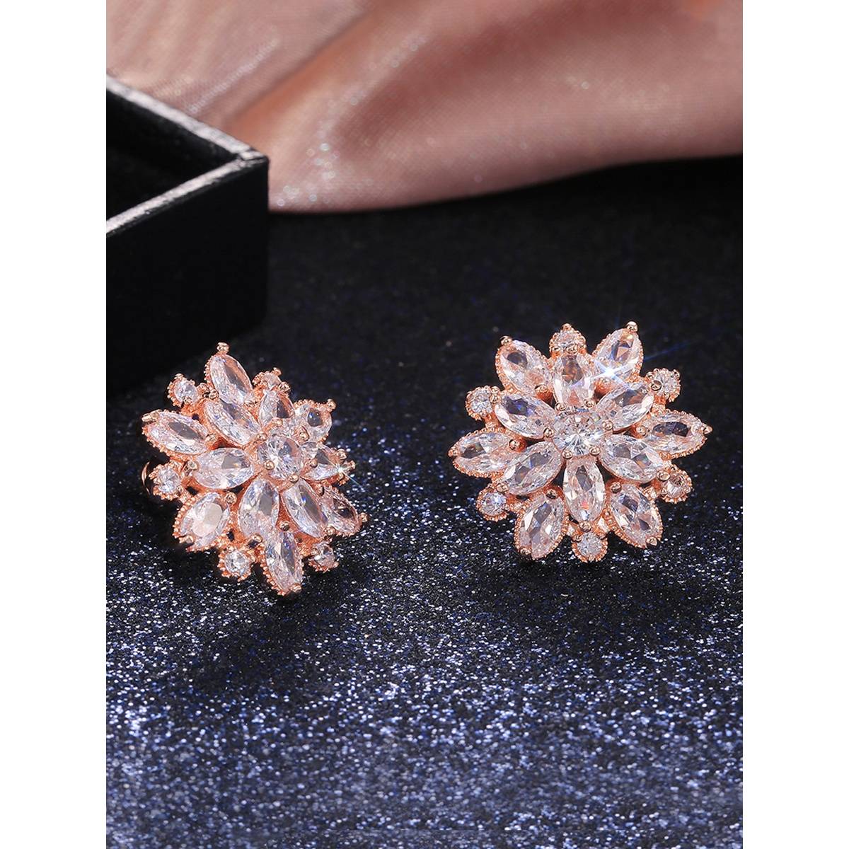 Jewels Galaxy Rose Gold Plated American Diamond Studded Floral Stud Earrings