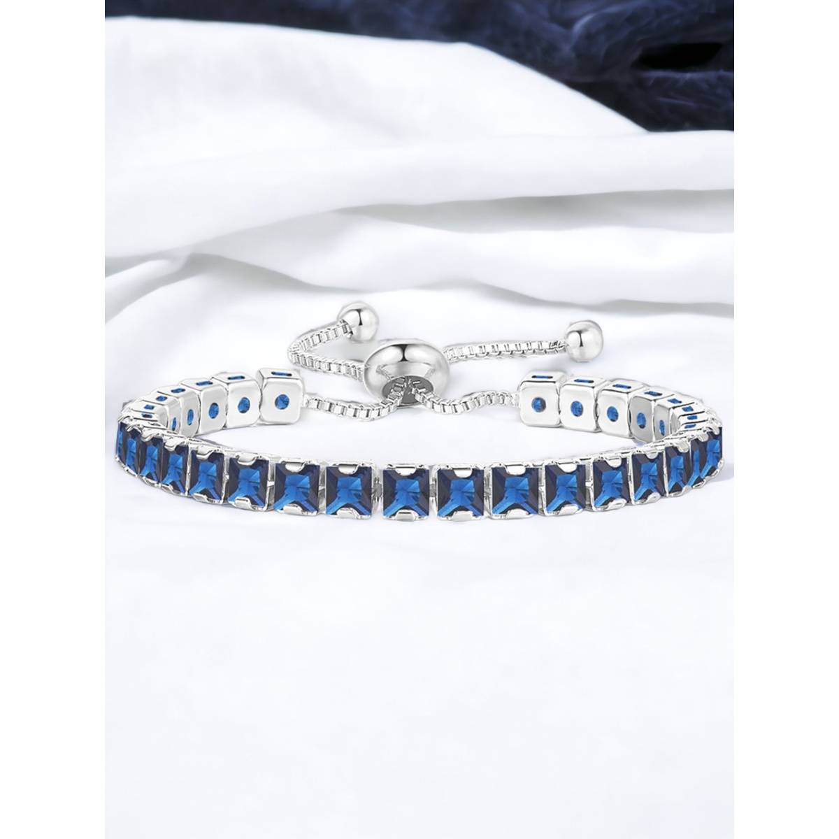 Jewels Galaxy Silver Plated Square Cut Cubic Zirconia Blue Matrix Tennis Bracelet