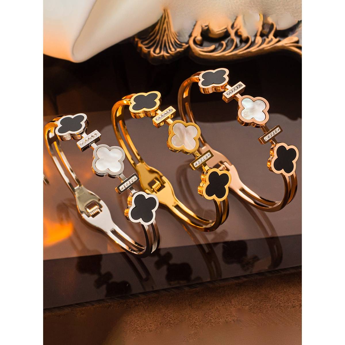 Jewels Galaxy Gold, Rose Gold & Silver Mother of Pearls Three Clover Leaf Bracelet (Pack of 3)