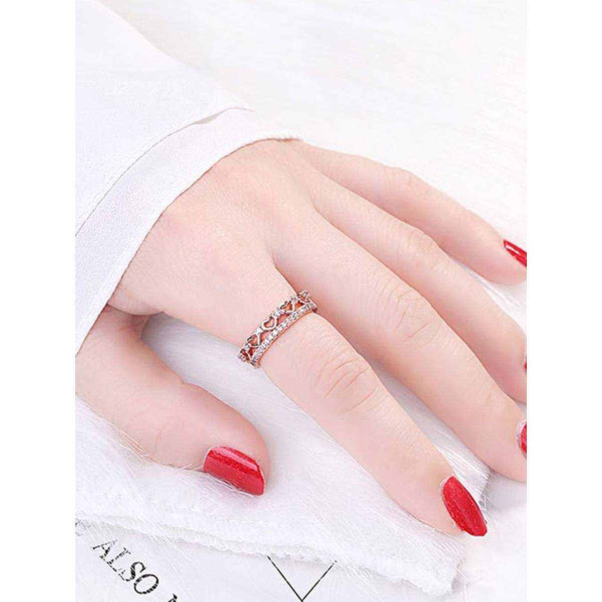 Jewels Galaxy Rose Gold Plated American Diamond Studded Hearts Finger Ring