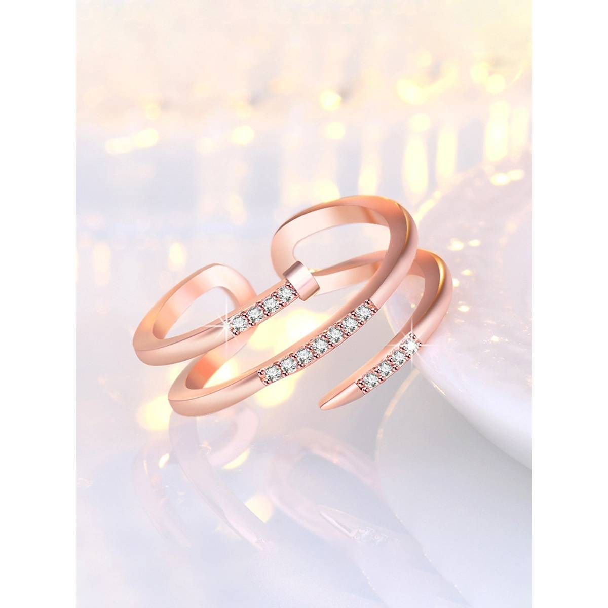 Jewels Galaxy Rose Gold Plated American Diamond Studded Nail Shape Korean Finger Ring