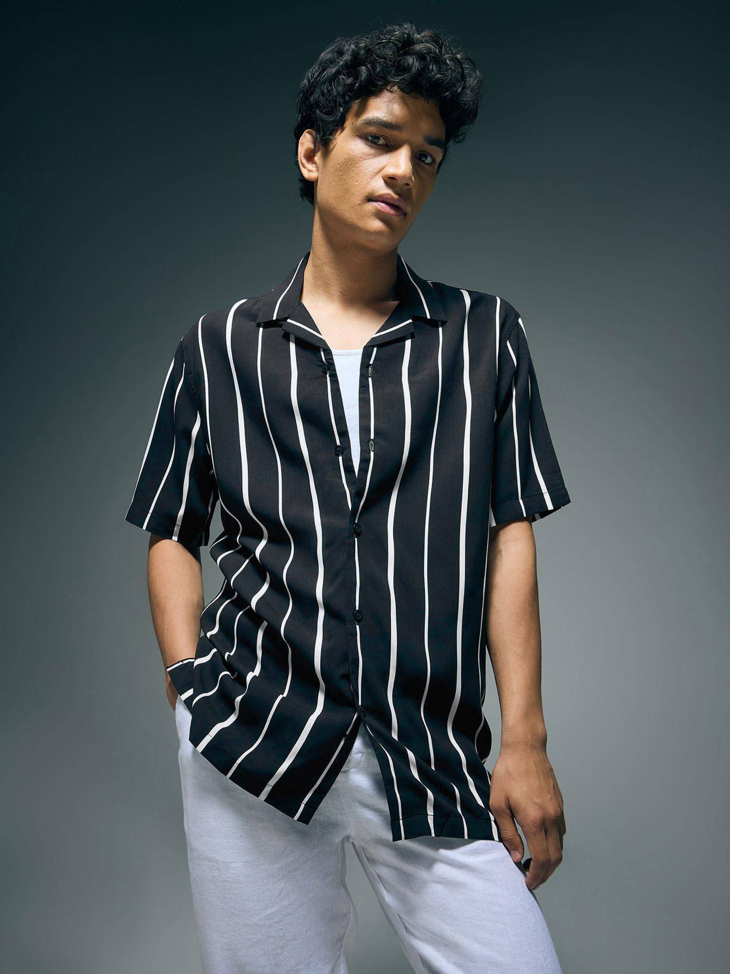 Buy Flying Machine Black Vertical Striped Original Cuban Shirt Online