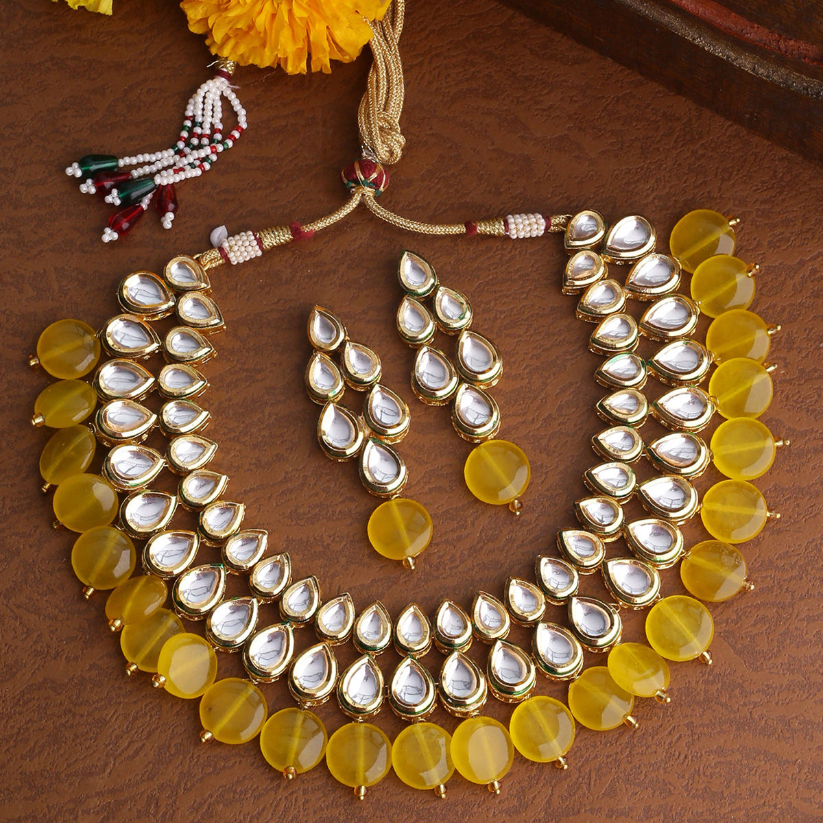 SHOSHAA Kundan Yellow Beads Drop Jewellery Set With Earrings: Buy ...