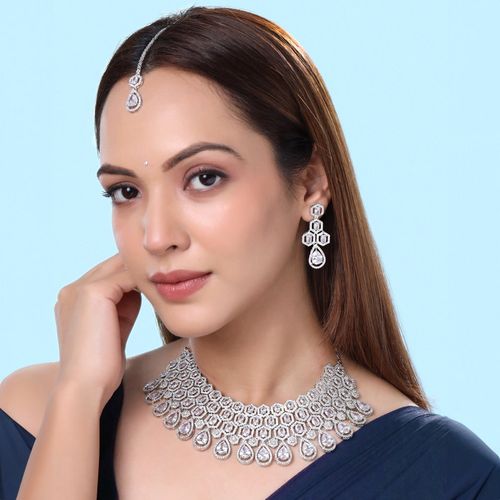 Buy Yellow Chimes Ad White Stone Silver Jewellery Set with Maang