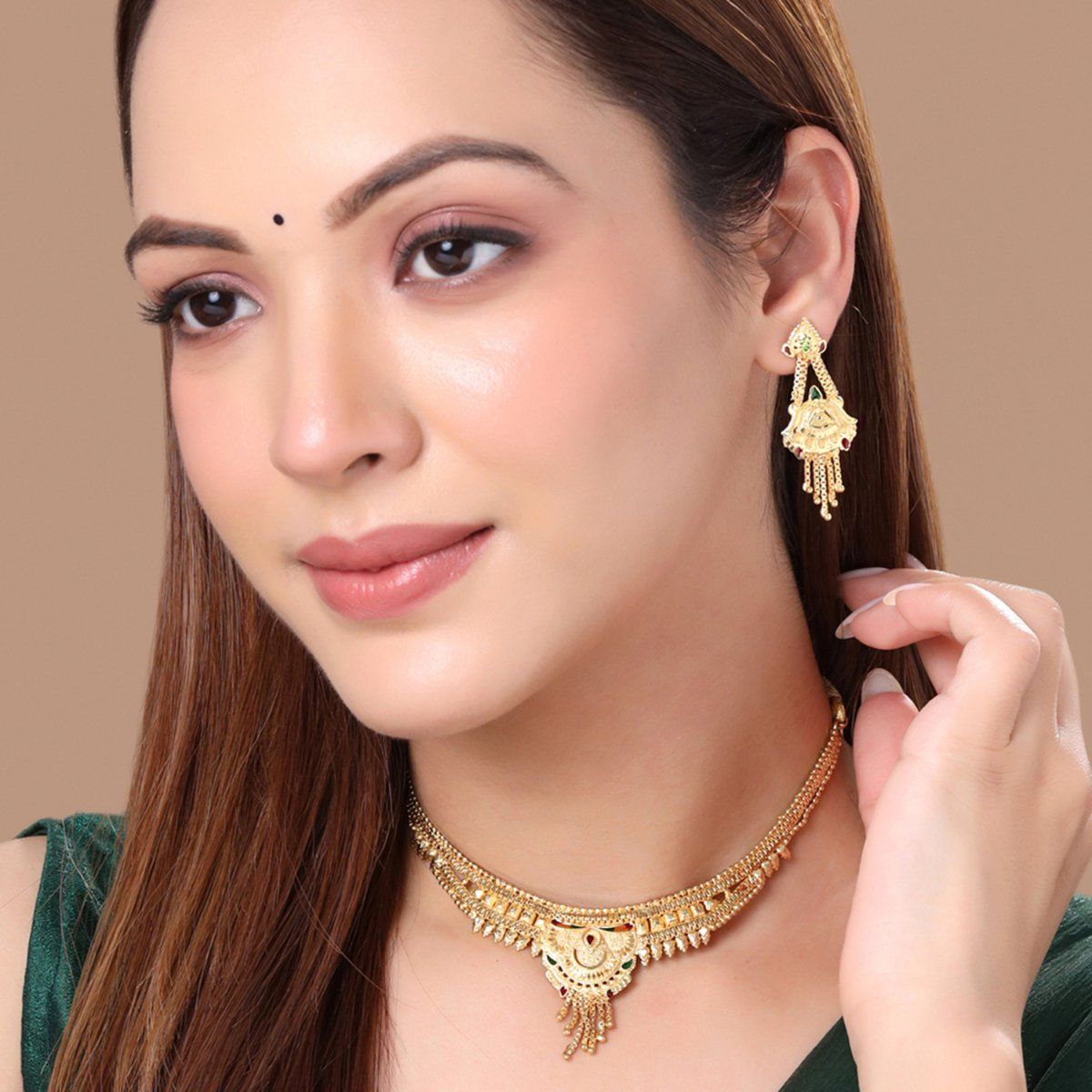 Buy Yellow Chimes Gold Toned Bridal Designed Choker Necklace Set Online