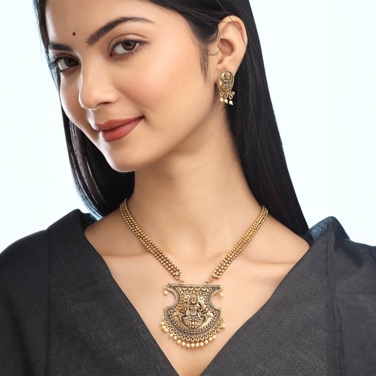 Buy Yellow Chimes Traditional Oxidised Gold Plated Long Necklace