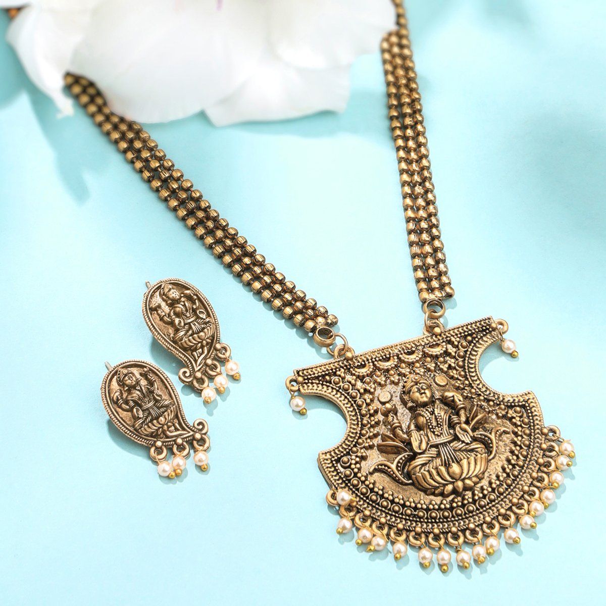 Buy Yellow Chimes Traditional Oxidised Gold Plated Long Necklace