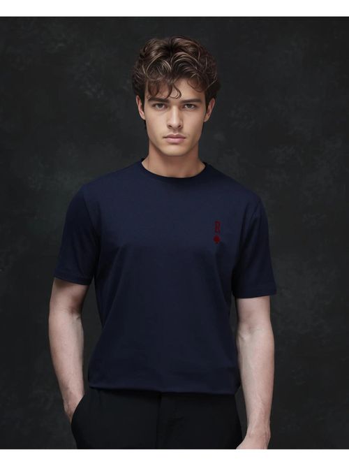 Rare Rabbit Deck Navy Blue Flock Print Regular Fit T-Shirt