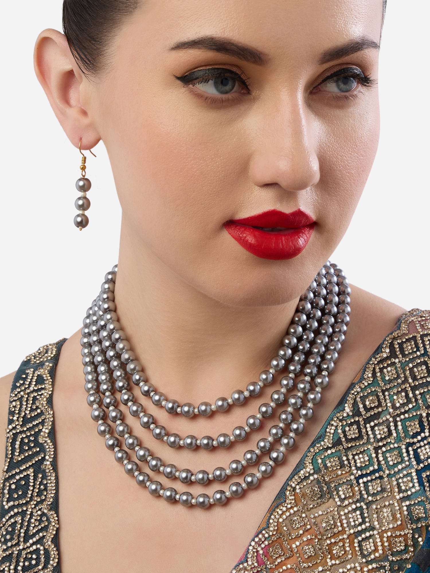 Zaveri Pearls Grey Multilayer Beaded Jewellery Set
