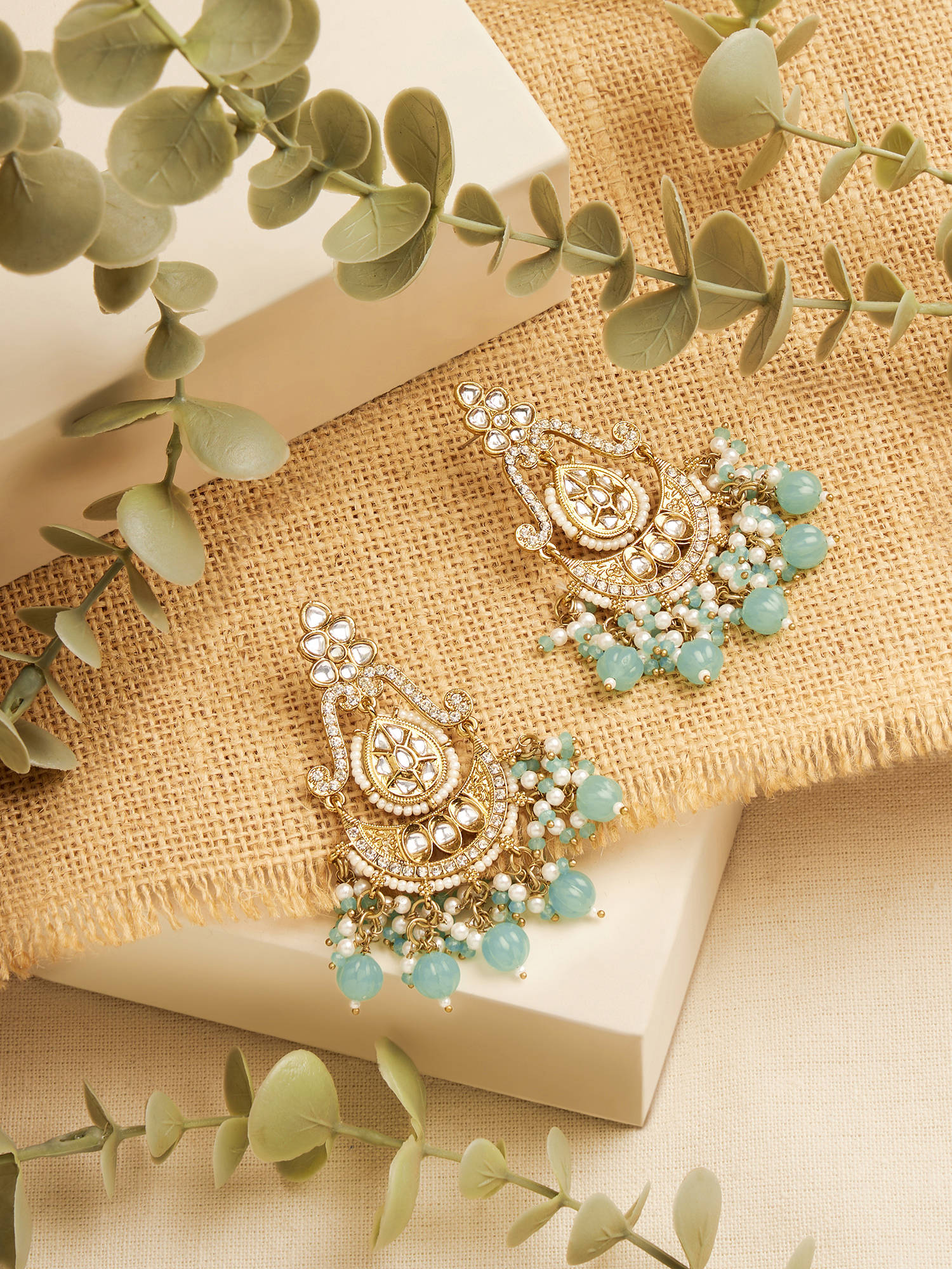 Zaveri Pearls Pastel Blue Cluster Beads Stones Dangler Earrings
