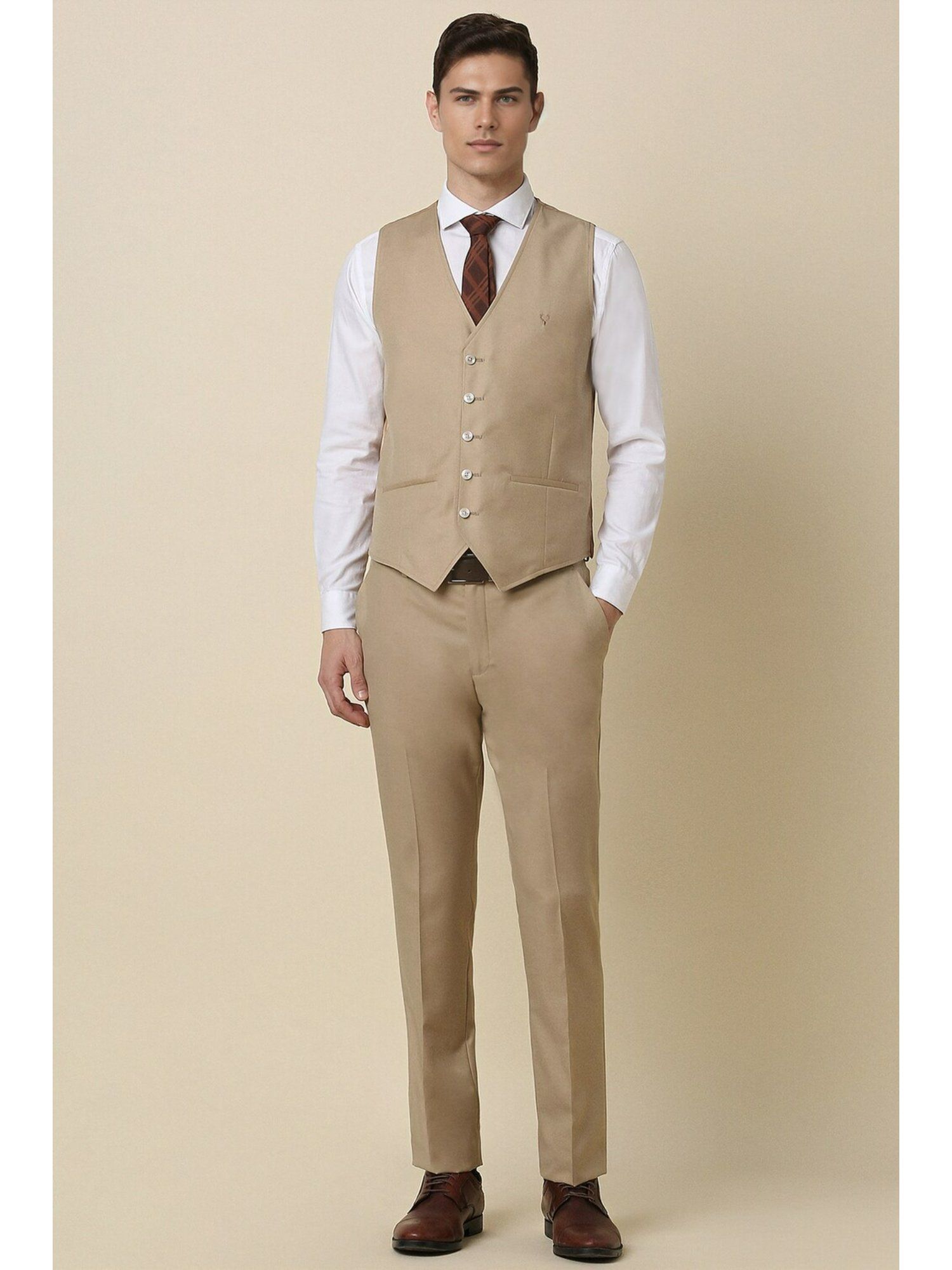 Buy Allen Solly Men Brown Slim Fit Solid Formal Suit (Set of 3) Online image.
