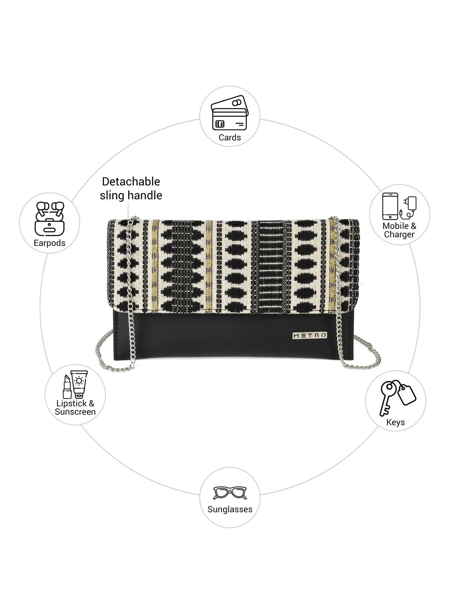 Metro Women Black Classic Woven Clutch with Detachable Chain