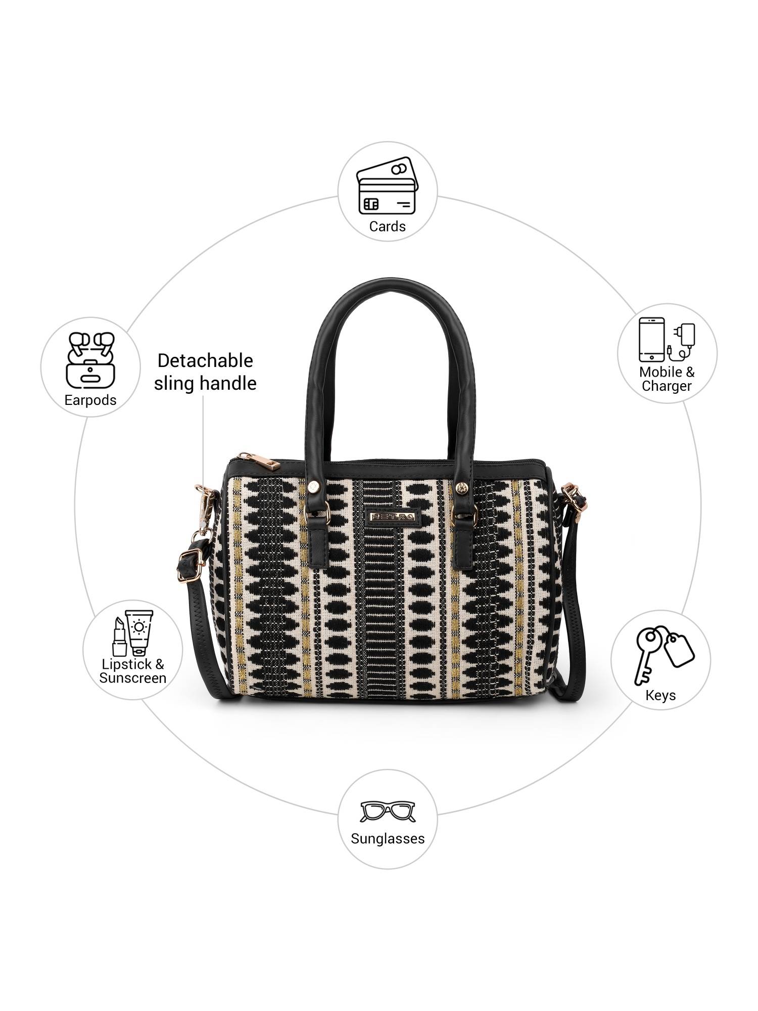 Metro Women Black Woven Handbag with Detachable Strap
