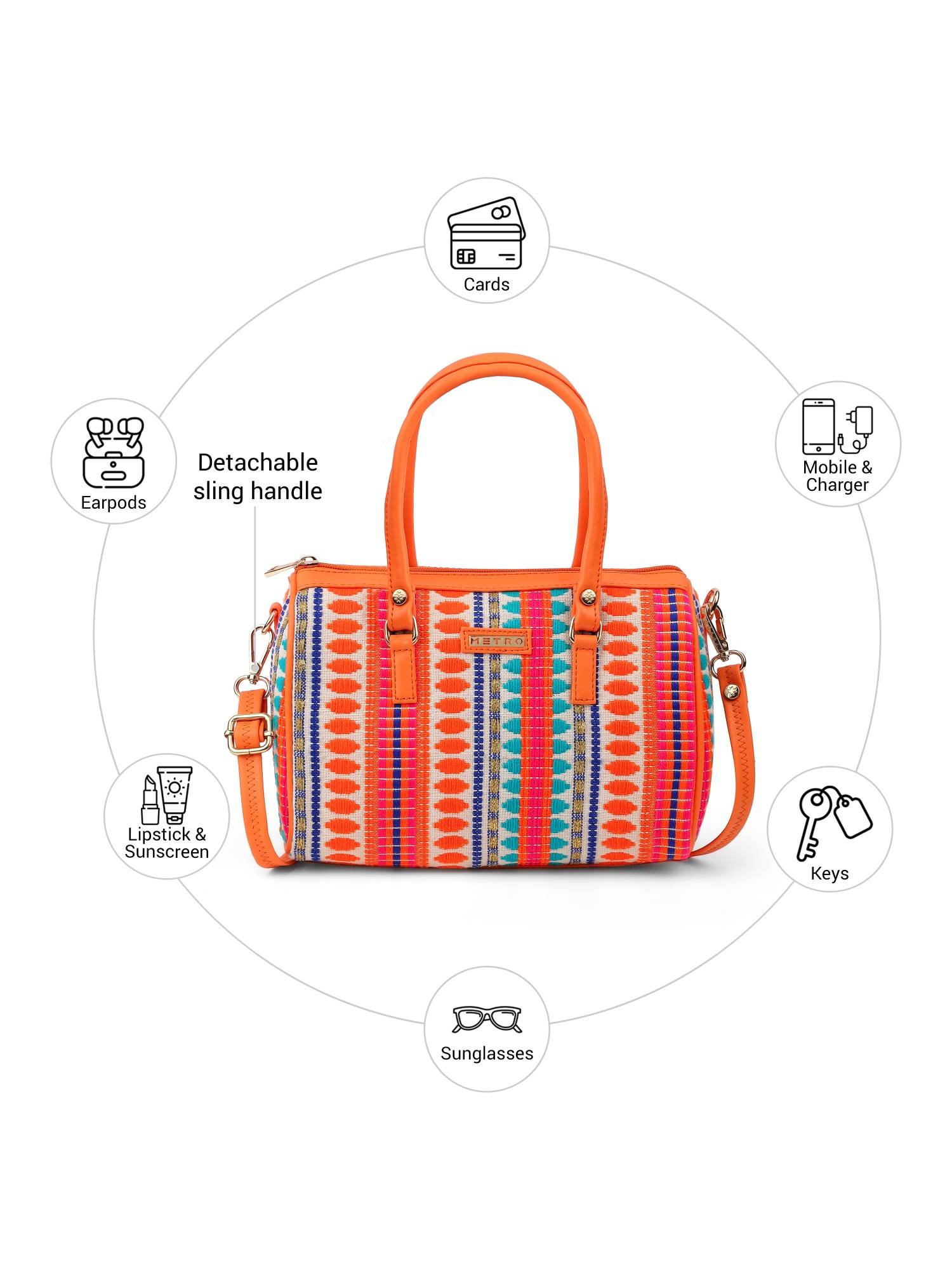 Metro Women Orange Woven Handbag with Detachable Strap