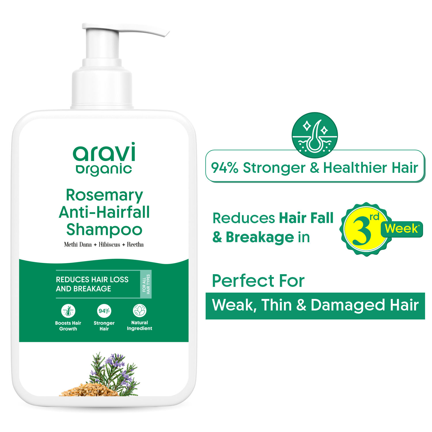 Aravi Organic Anti-Hairfall Rosemary Shampoo - Enriched Methi Dana & Hibiscus For Stronger Hair