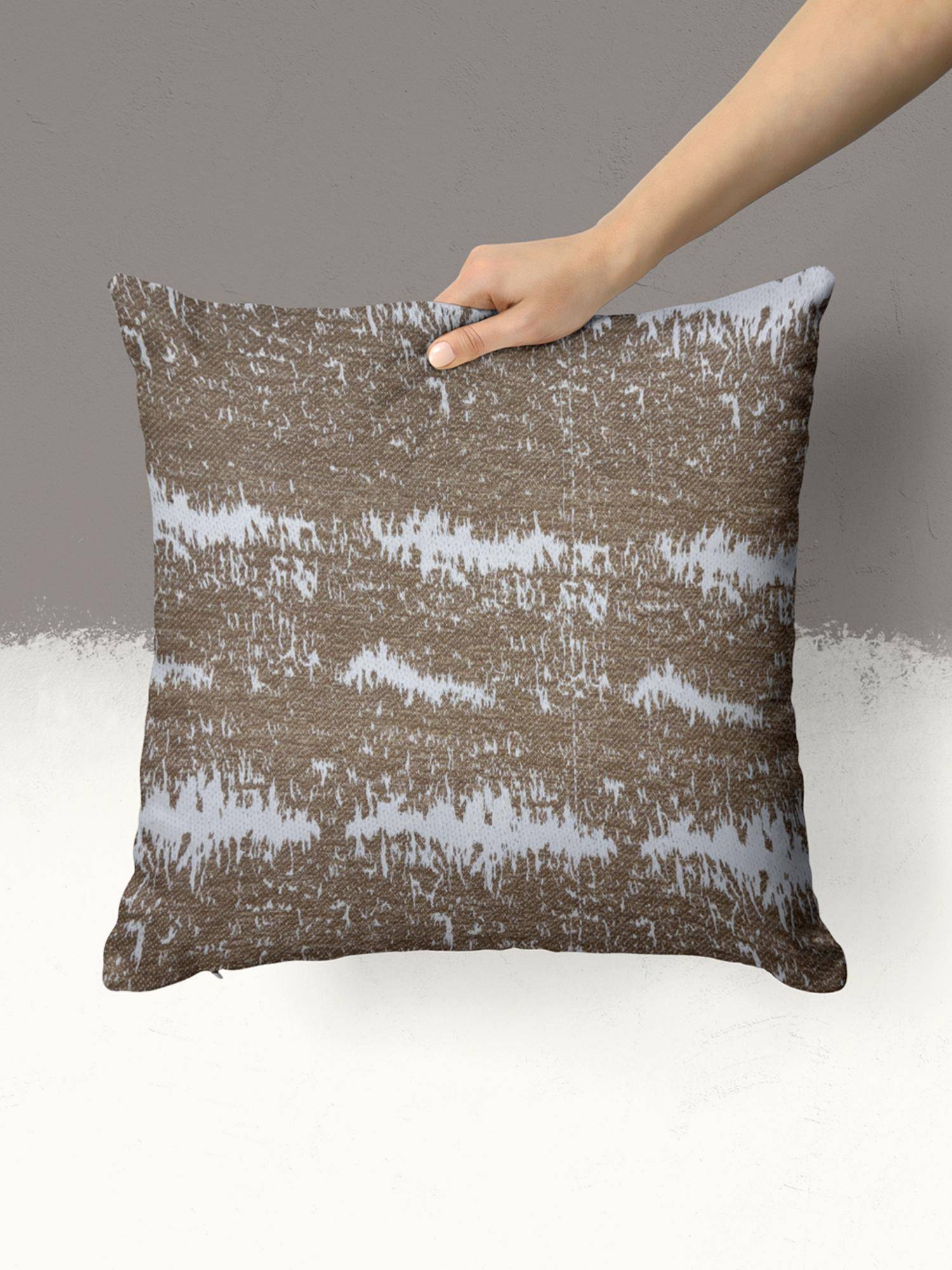 BIANCA Abstract Khaki Decorative Hand Loom Cotton Jute Cushion Cover (16x16 Inches)