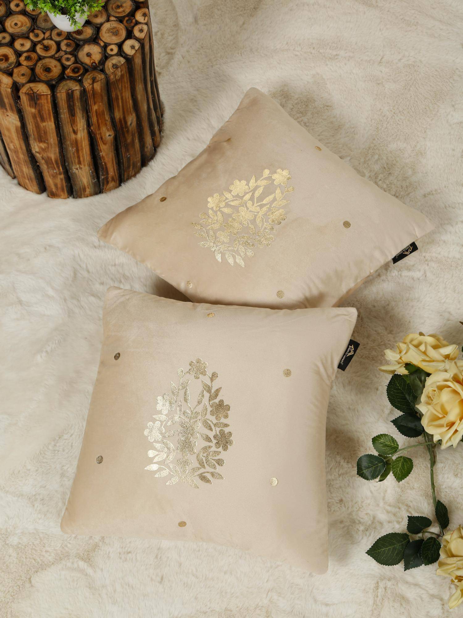 HOSTA HOMES Cream Soft Velvet Golden Foil Printed Cushion Covers (Pack of 2) (16x16 Inches)