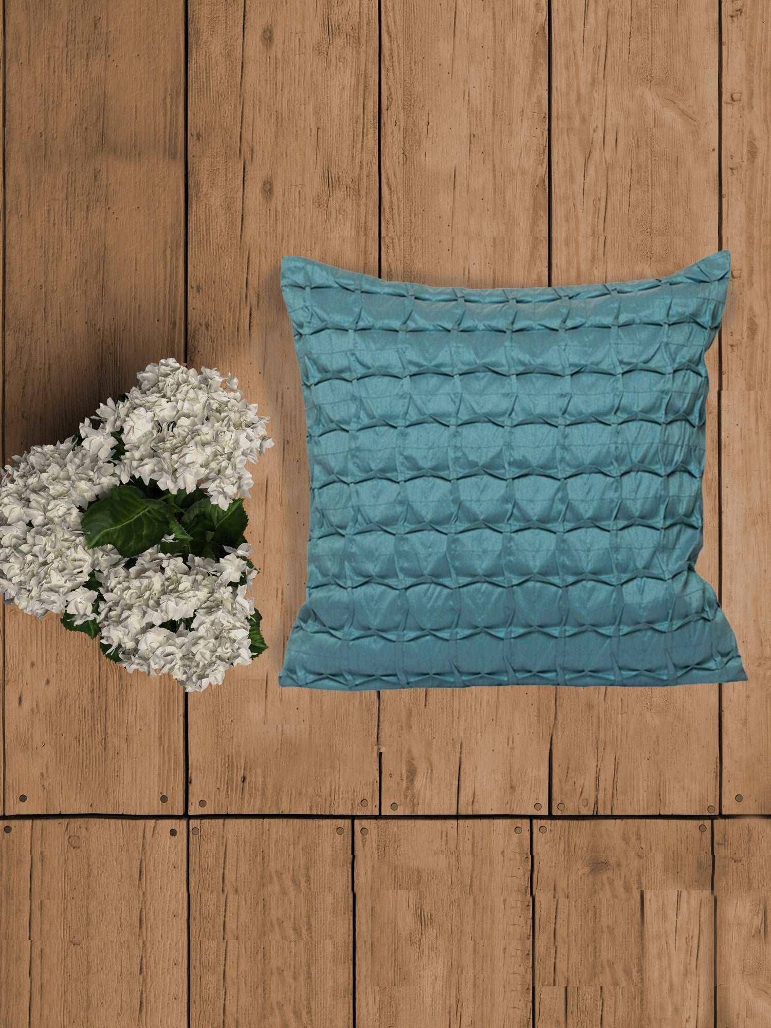 Zeba World Turquoise Pleated Technique Polyester Cushion Cover (16x16 Inches)