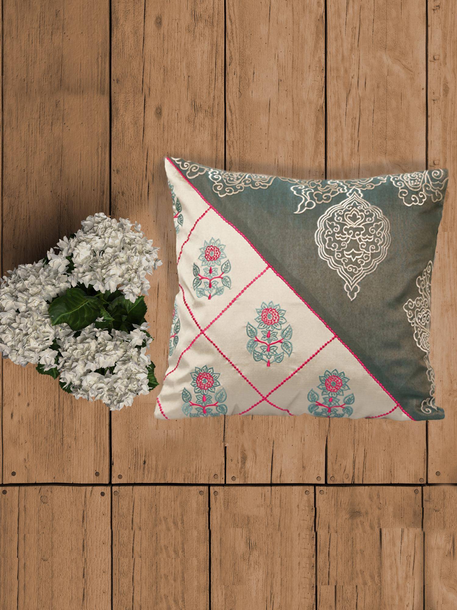 Zeba World Grey Ethnic Motifs Embroidered Polyester Cushion Cover (16x16 Inches)