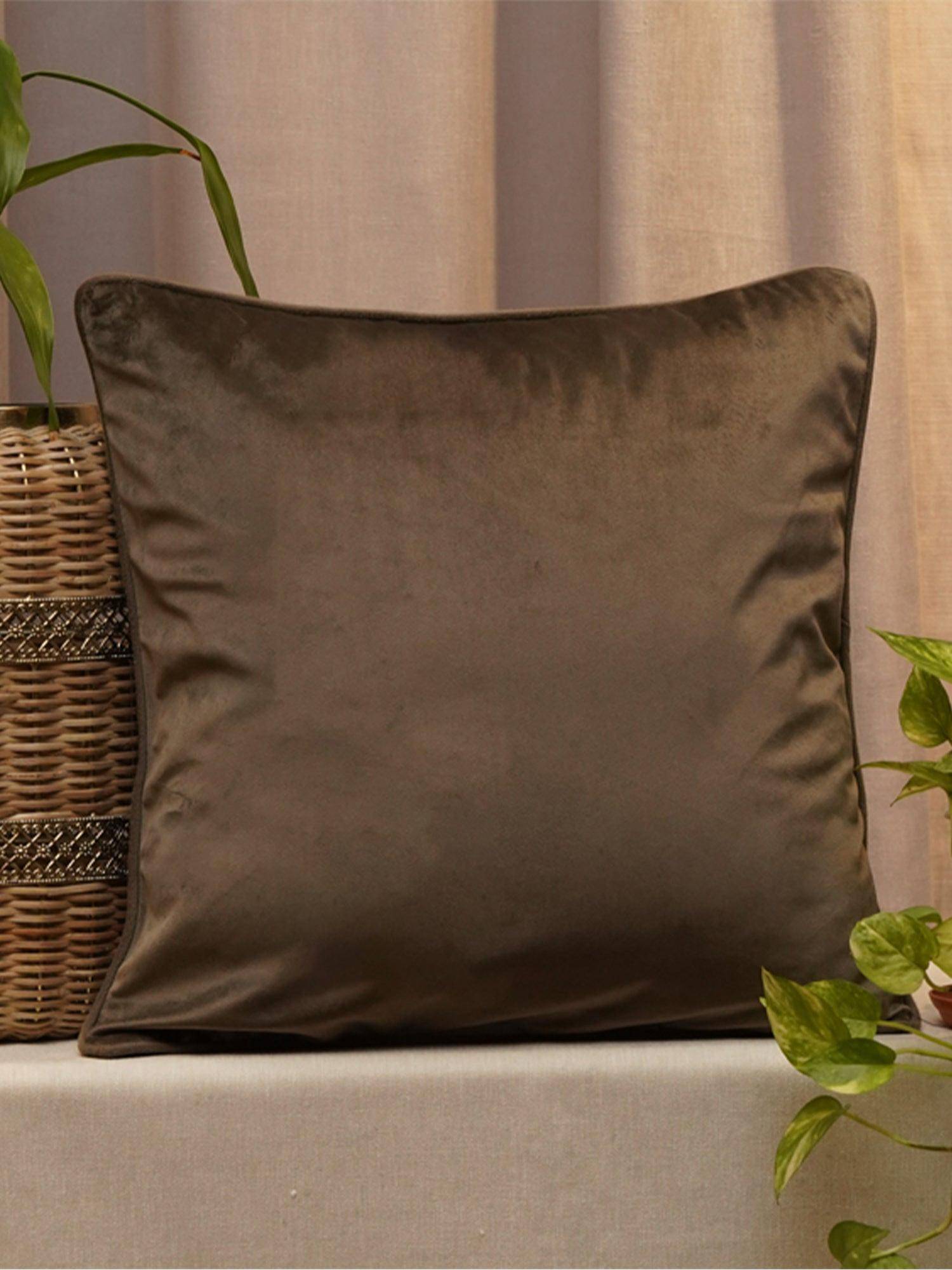 Zeba World Solid Brown Cord Piped Velvet Cushion Cover (16x16 Inches)
