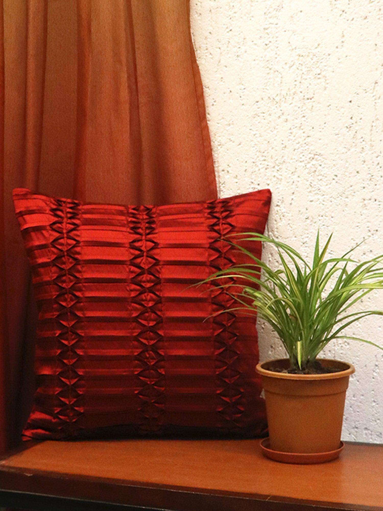 Zeba World Red Pleated Technique Polyester Cushion Cover (16x16 Inches)