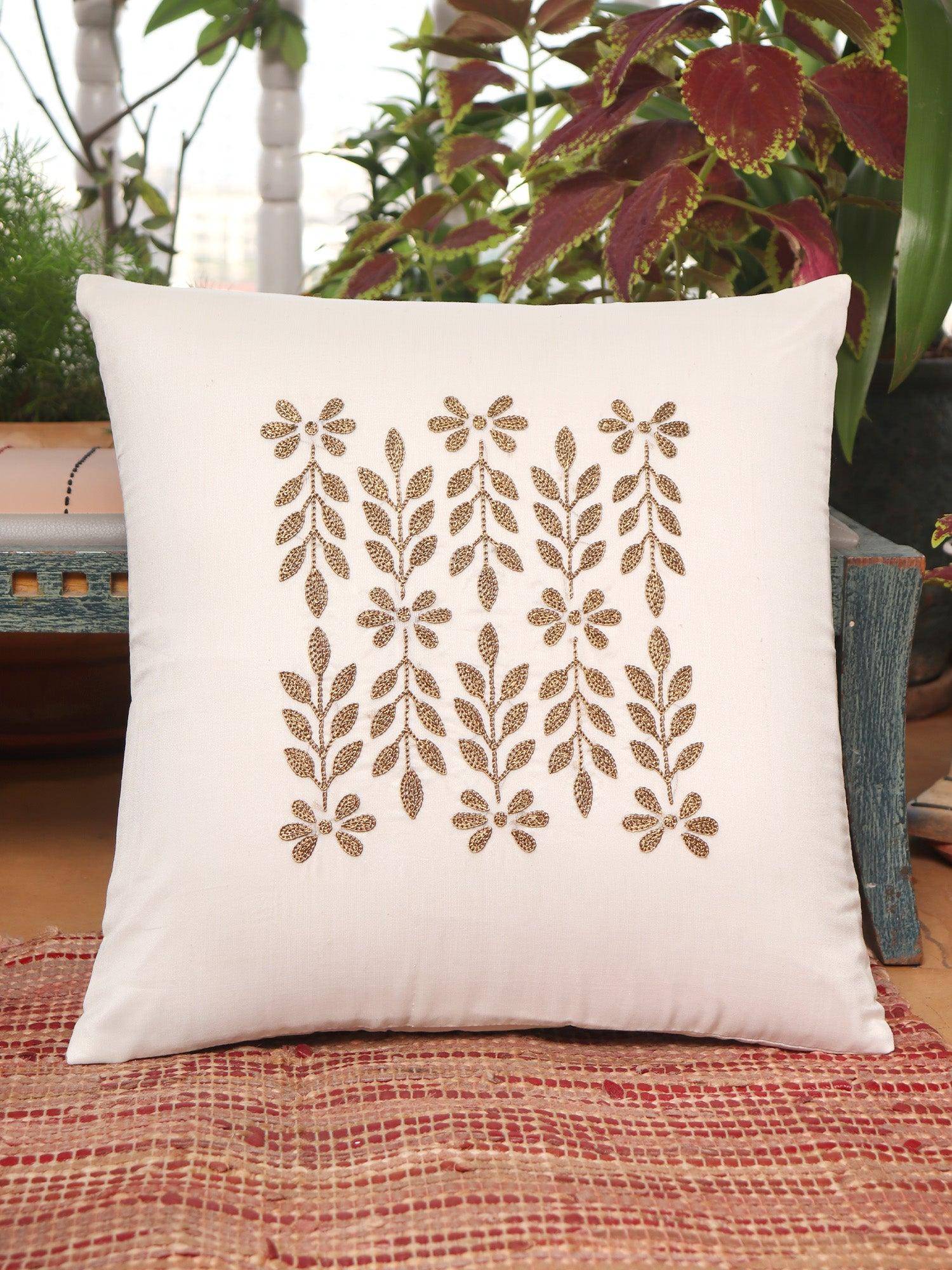 Zeba World Cream Floral Hand Embroidered Cotton Cushion Cover (16x16 Inches)