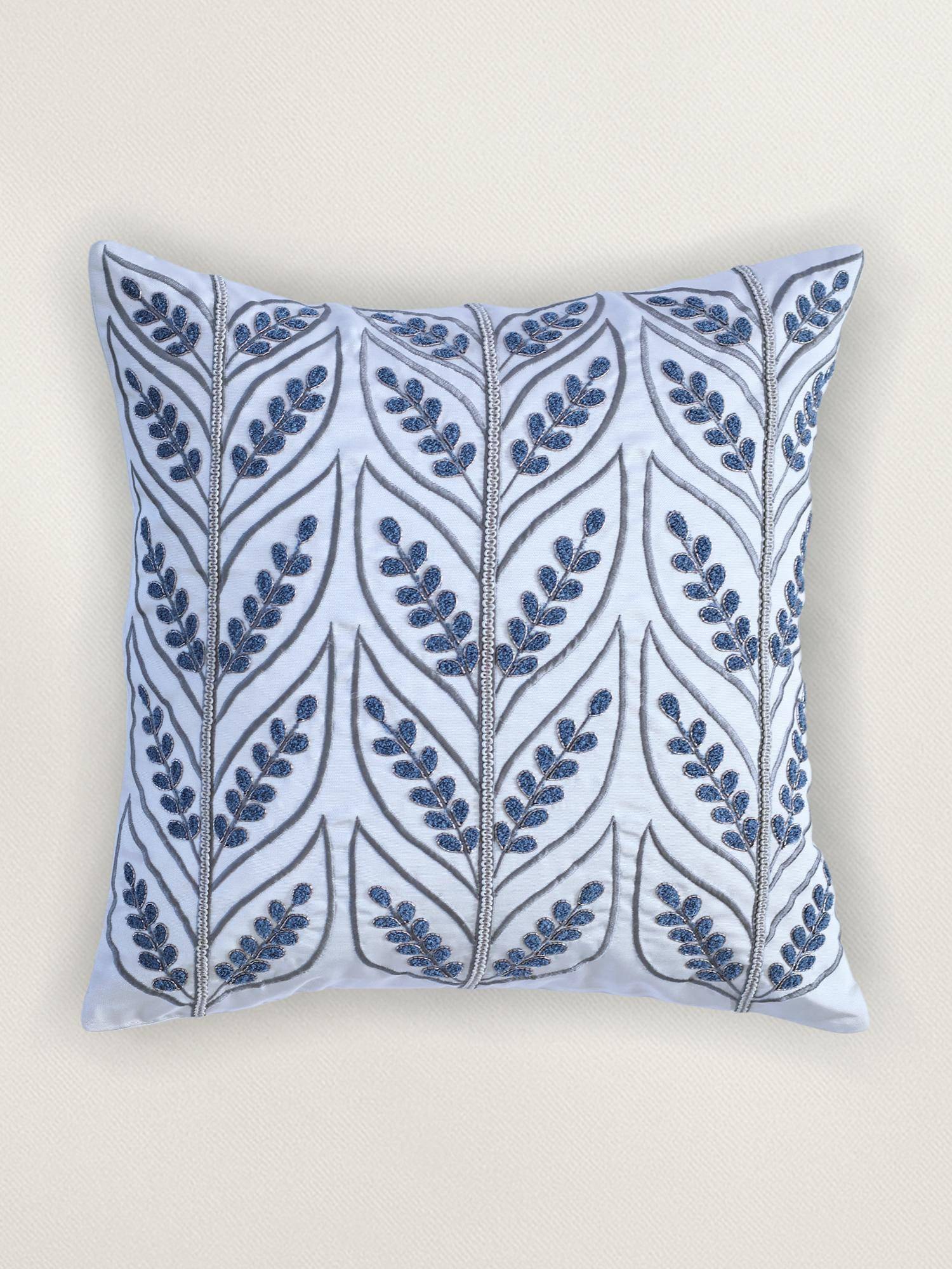 Zeba World Blue Leaf Embroidered White Polycotton Cushion Cover (16x16 Inches)