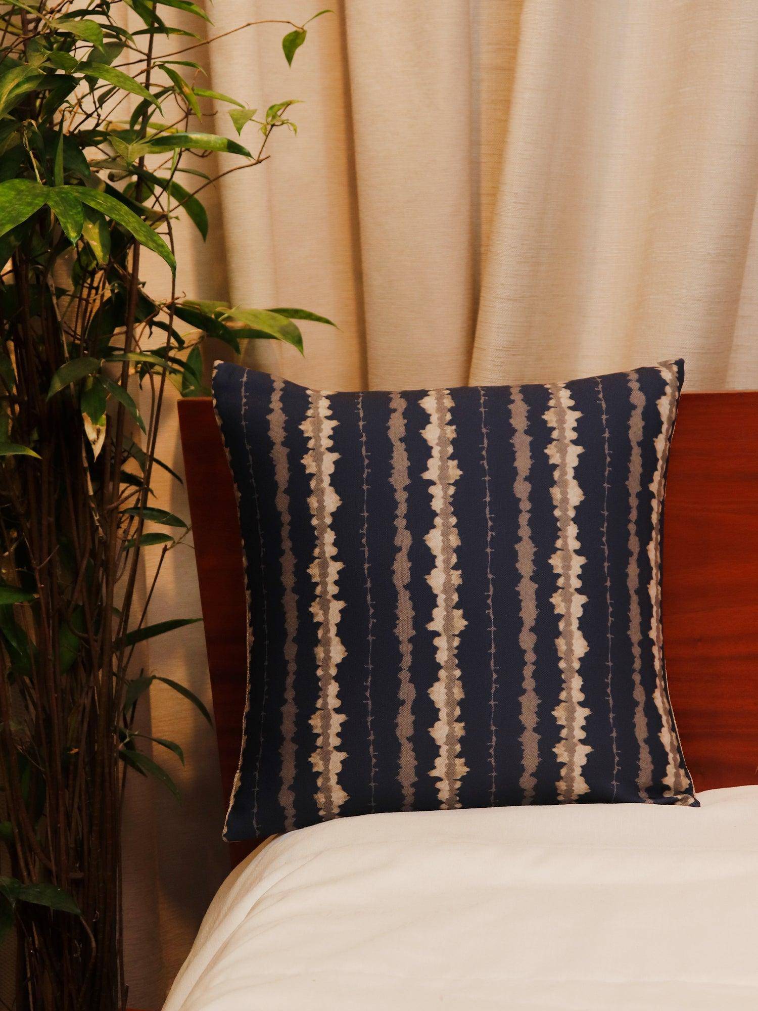 Zeba World Navy Blue Stripes Printed Polycanvas Cushion Cover (16x16 Inches)