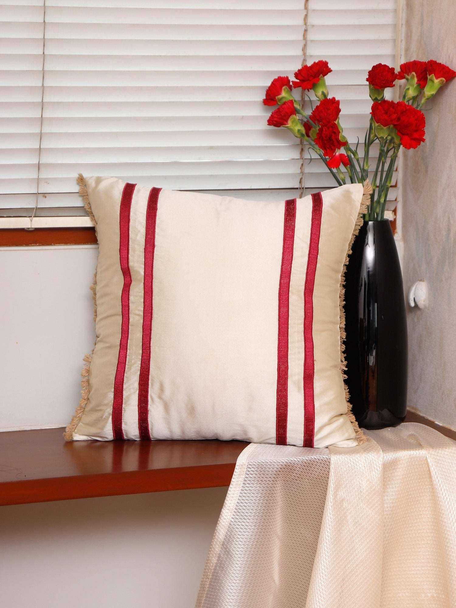 Zeba World Cream Stripes Embroidered Polycotton Cushion Cover (16x16 Inches)