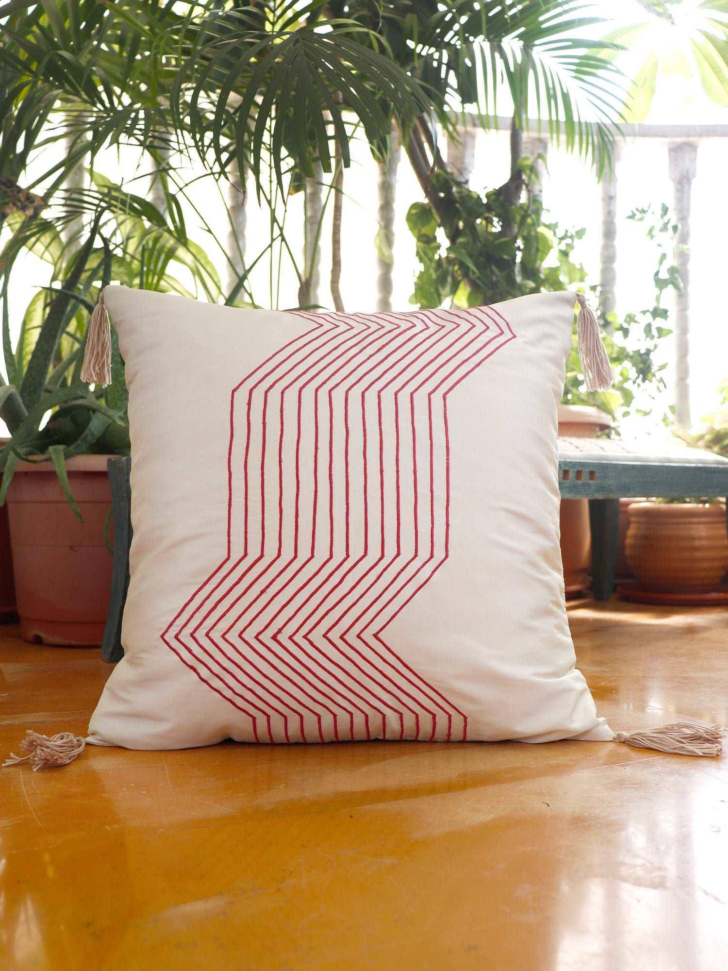 Zeba World Cream Stripes Embroidered Polyester Cushion Cover (16x16 Inches)