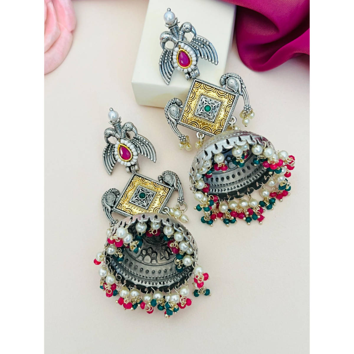 Abdesigns German Silver Plated Multi-Color Pearls Earrings