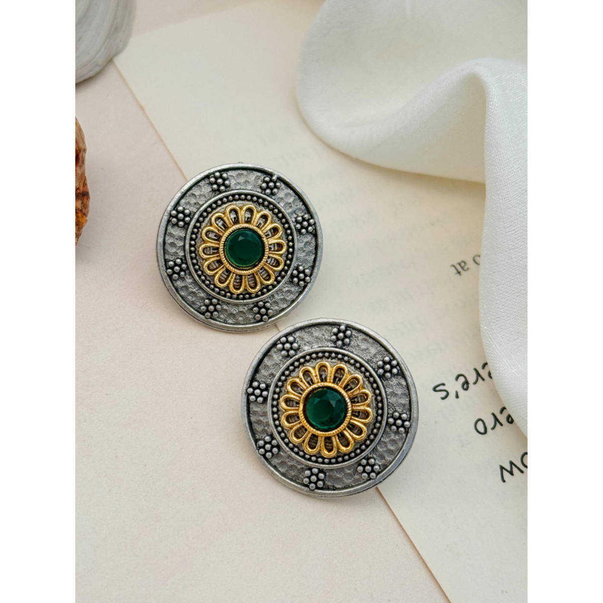 Abdesigns German Silver Plated Green Earrings