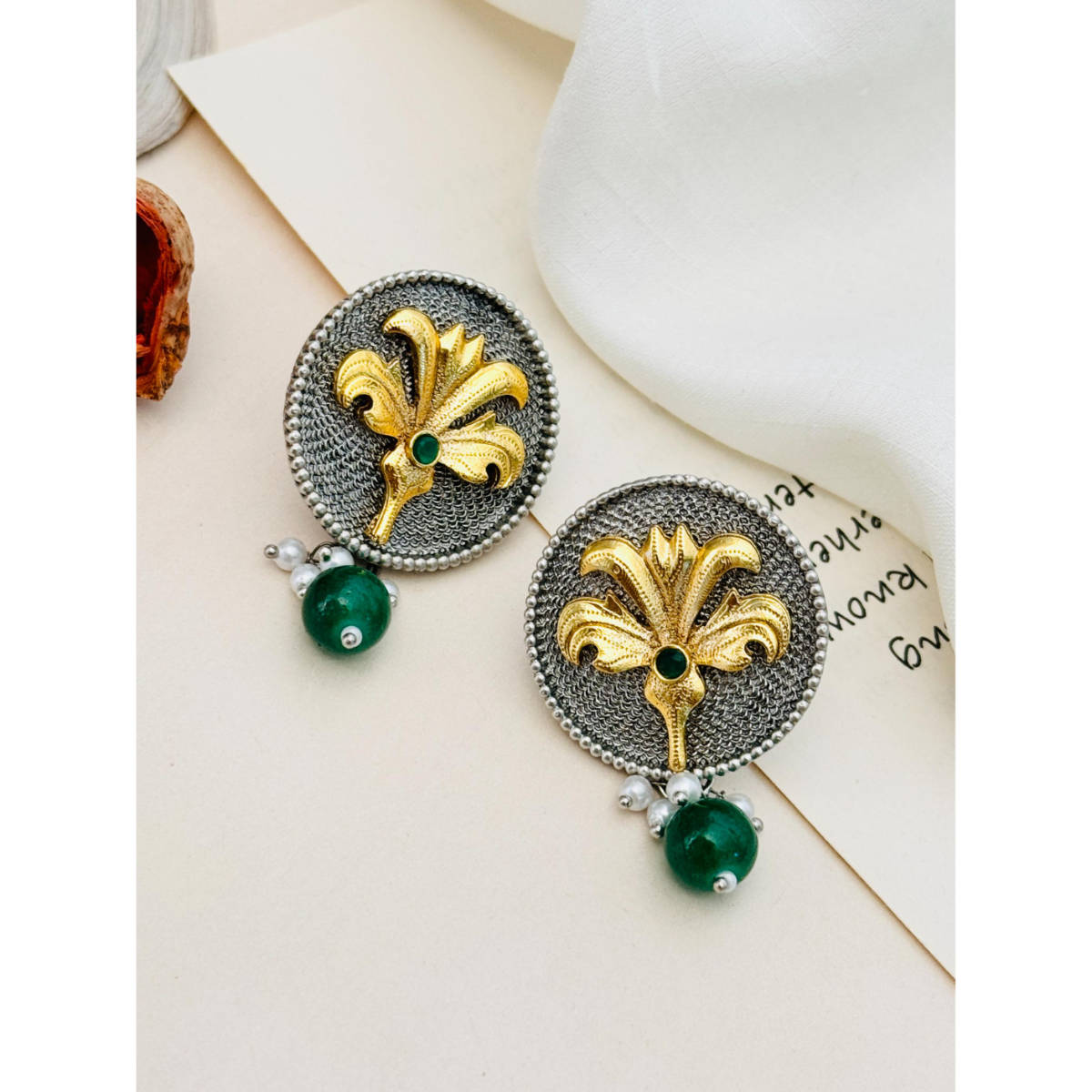 Abdesigns German Silver Plated Green & White Earrings