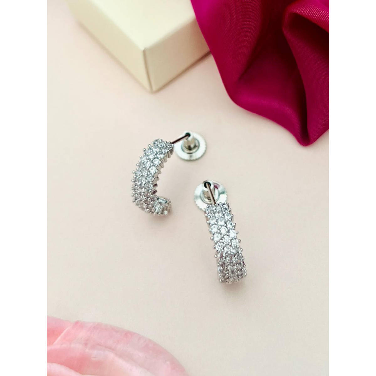 Abdesigns Silver Plated White American Diamond Studded Drop Earrings