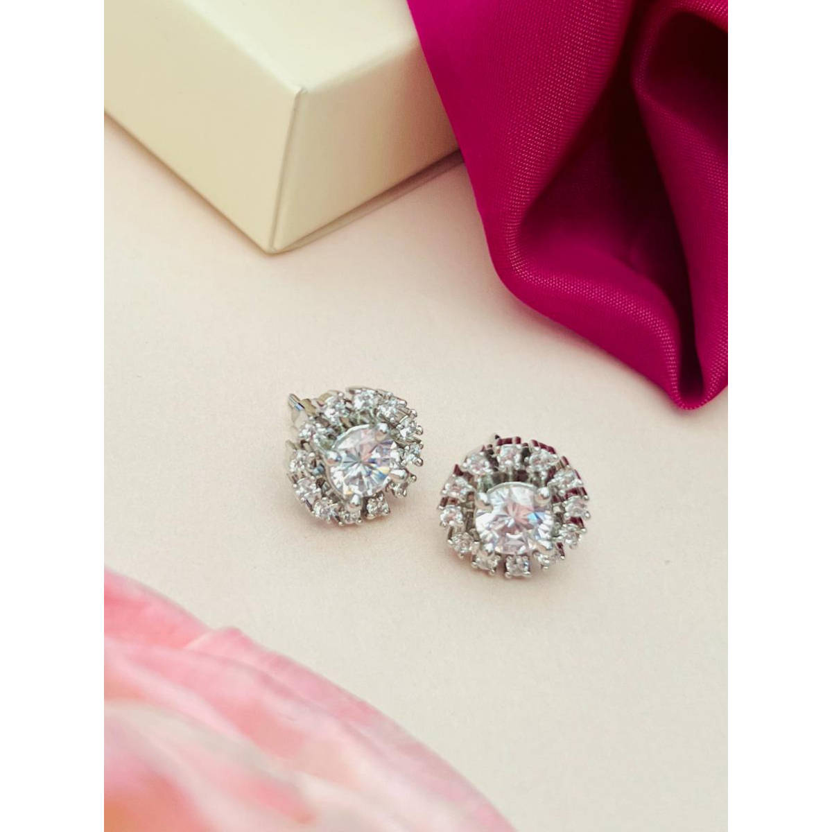 Abdesigns Silver Plated White American Diamond Studded Studs