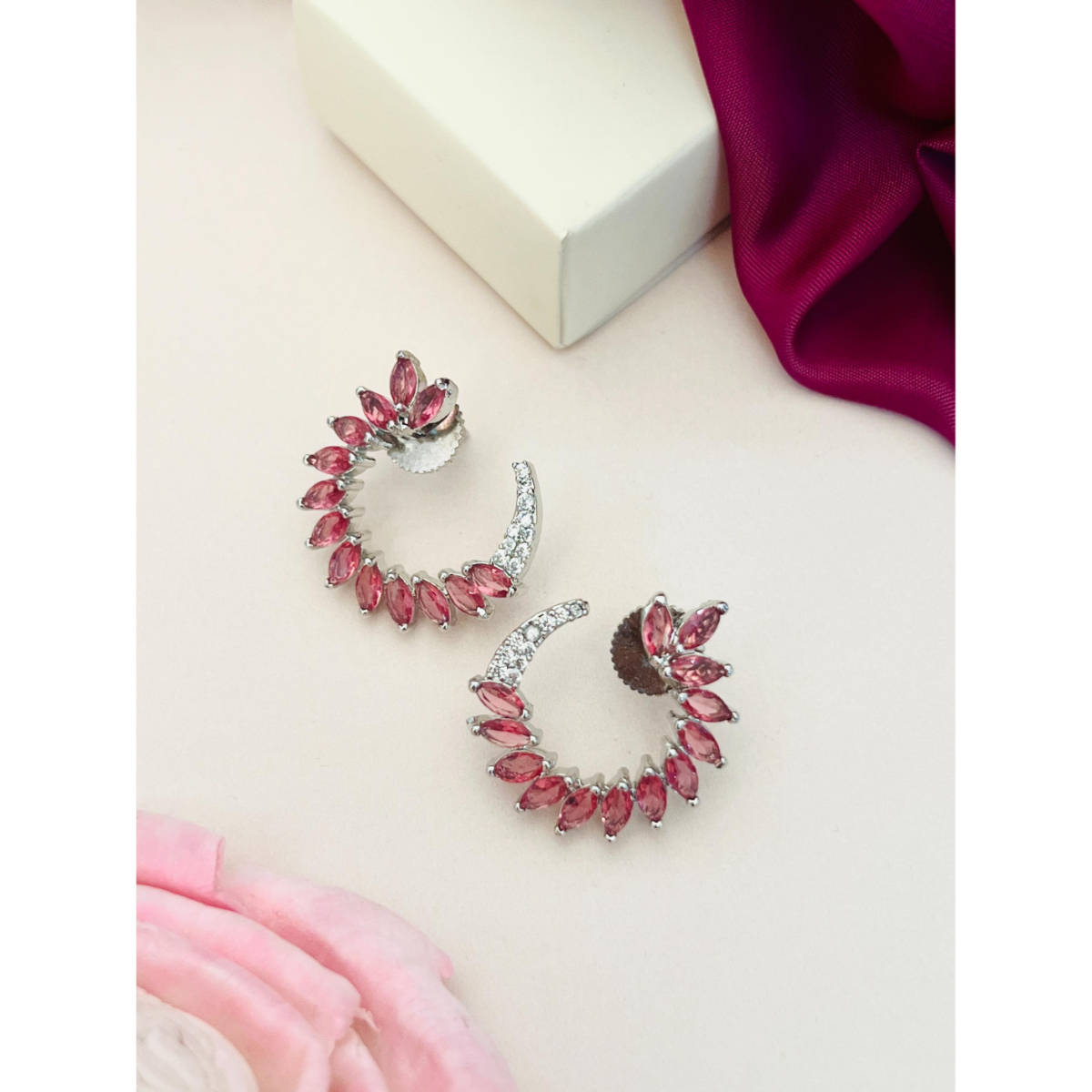 Abdesigns Silver Plated Pink American Diamond Studded Drop Earrings