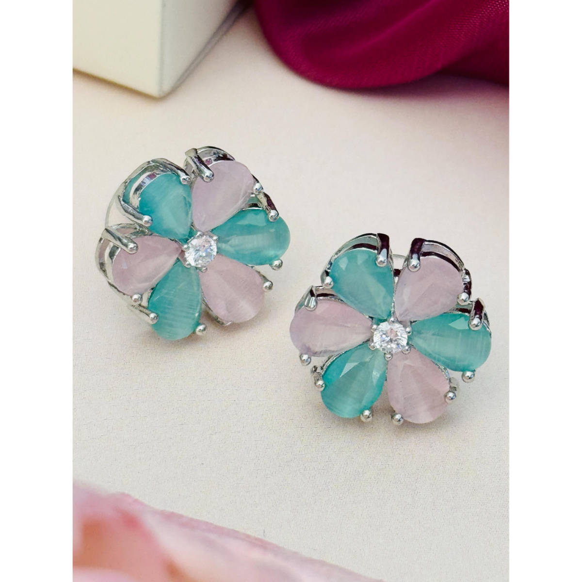 Abdesigns Silver Plated Pink & Green American Diamond Studs
