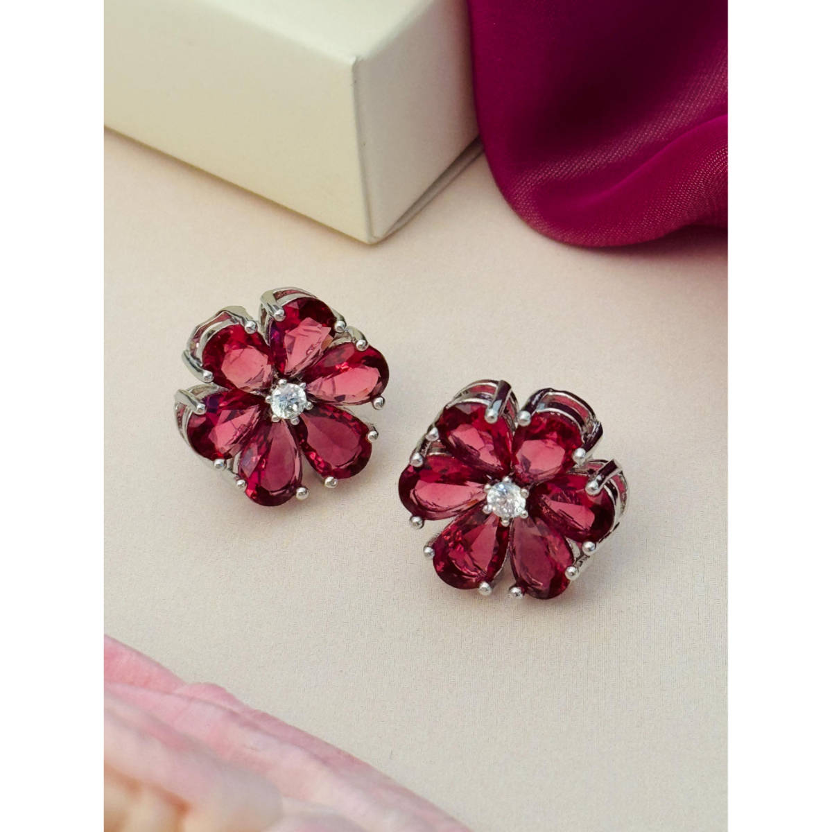 Abdesigns Silver Plated Red American Diamond Studs